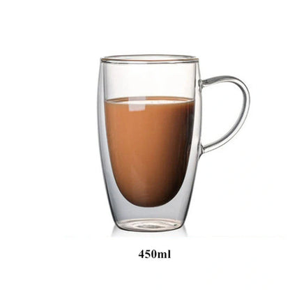 Transparent double wall glass coffee mug with lemon pattern, heat-resistant construction for hot beverages