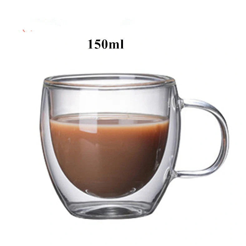 Transparent double wall glass coffee mug with lemon pattern, heat-resistant construction for hot beverages
