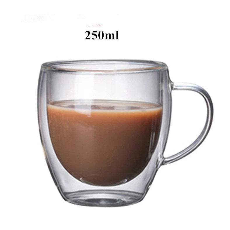 Transparent double wall glass coffee mug with lemon pattern, heat-resistant construction for hot beverages