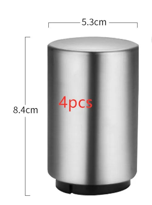 Stainless steel automatic bottle opener measuring 8.4 cm by 5.3 cm on a kitchen counter
