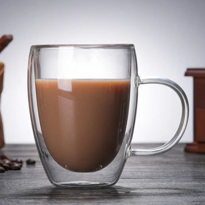 Transparent double wall glass coffee mug with lemon pattern, heat-resistant construction for hot beverages