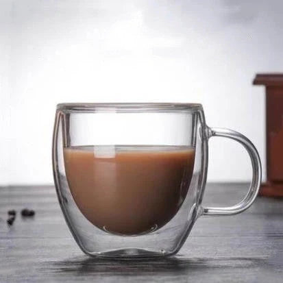 Transparent double wall glass coffee mug with lemon pattern, heat-resistant construction for hot beverages
