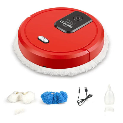 Automatic sweeping and mopping robot on a home floor, showing button controls.