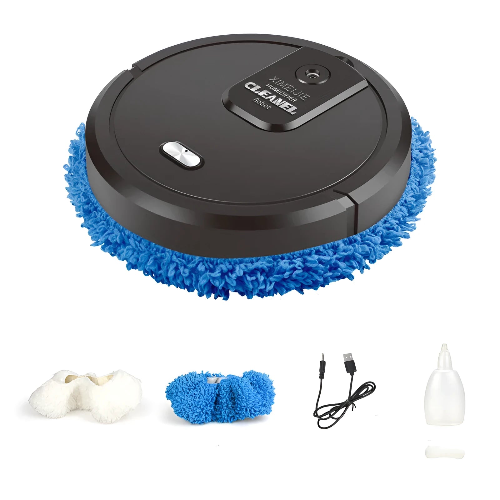 Automatic sweeping and mopping robot on a home floor, showing button controls.