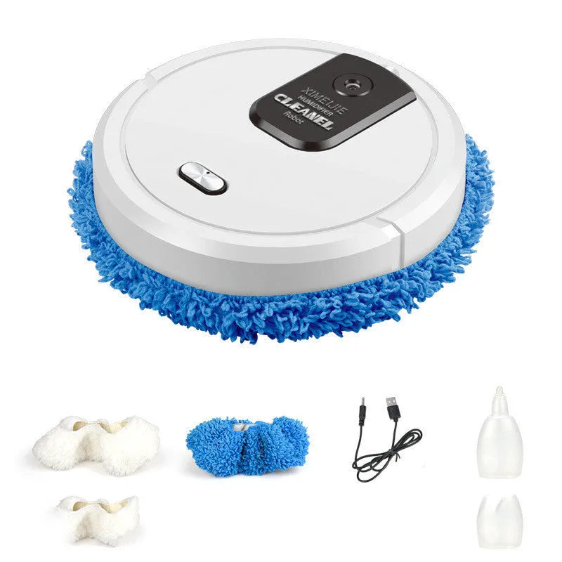 Automatic sweeping and mopping robot on a home floor, showing button controls.