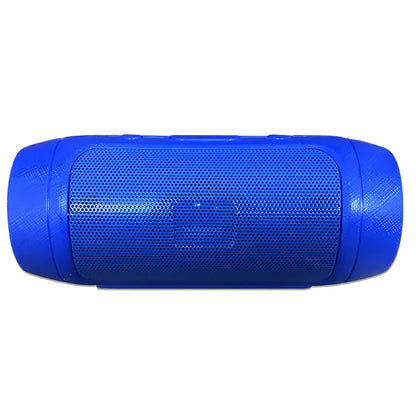 Compact blue Bluetooth speaker with USB charging port and control buttons