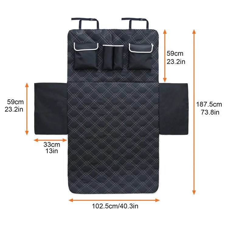 Black Oxford cloth dog car boot mat, 187.5 x 102.5 cm, with precision stitching and buckle