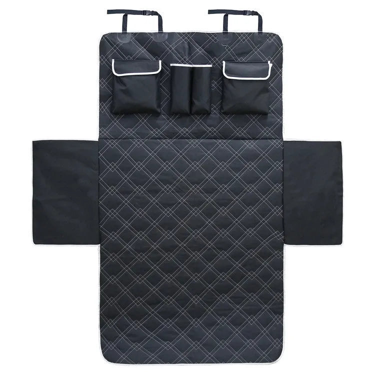 Black Oxford cloth dog car boot mat, 187.5 x 102.5 cm, with precision stitching and buckle