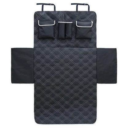 Black Oxford cloth dog car boot mat, 187.5 x 102.5 cm, with precision stitching and buckle