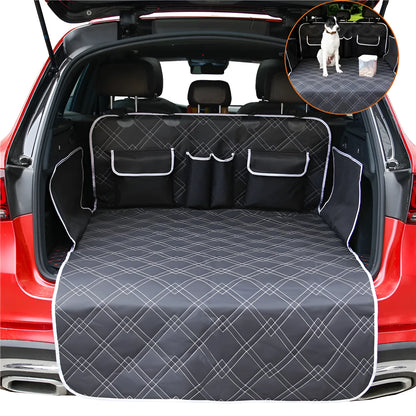 Black Oxford cloth dog car boot mat, 187.5 x 102.5 cm, with precision stitching and buckle