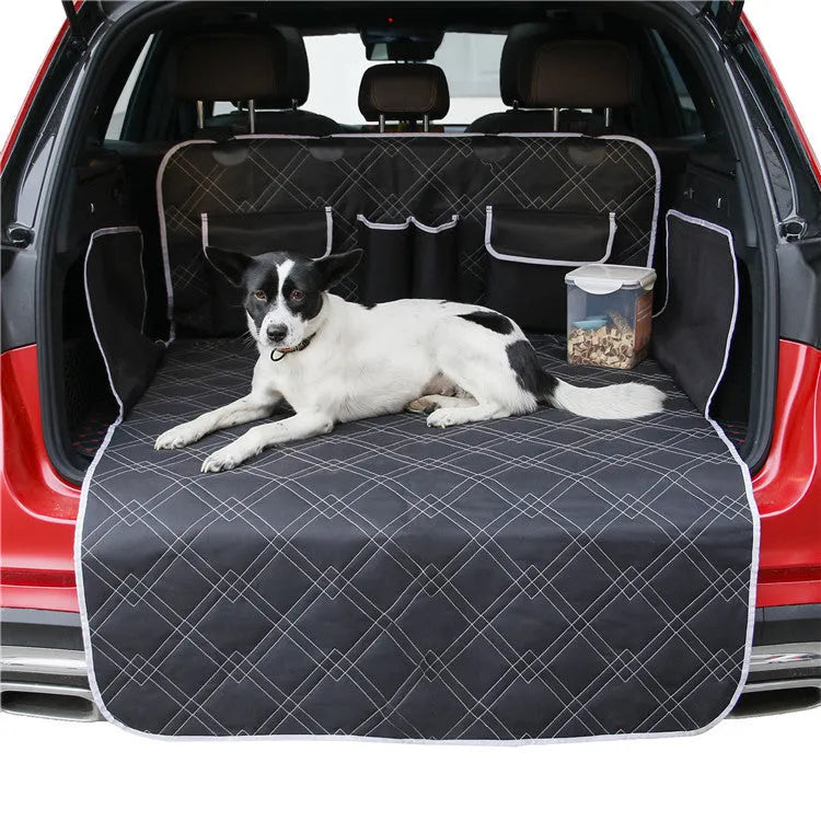 Black Oxford cloth dog car boot mat, 187.5 x 102.5 cm, with precision stitching and buckle