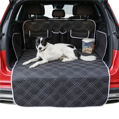 Black Oxford cloth dog car boot mat, 187.5 x 102.5 cm, with precision stitching and buckle