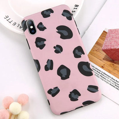 Leopard print protective phone case for iPhone, shown in black, blue, and pink colour options.