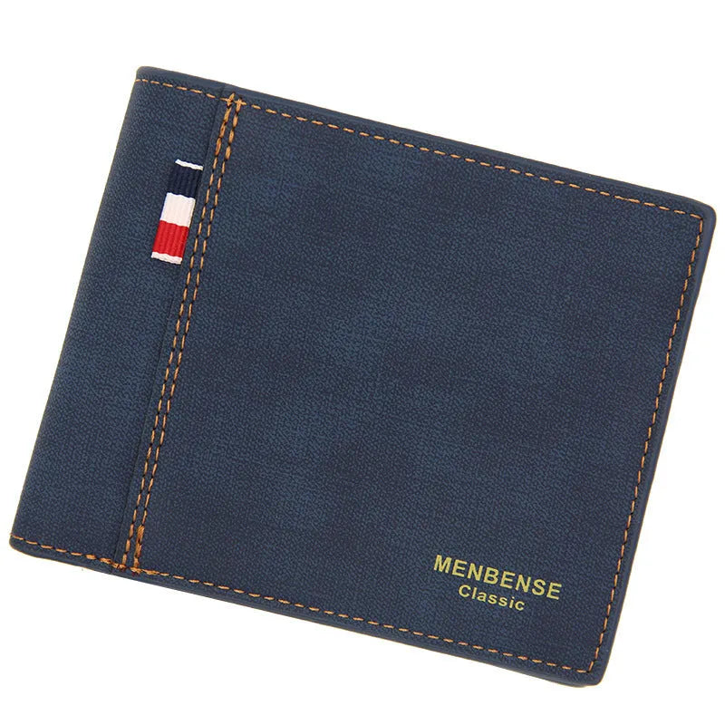 Men's retro style tri-fold leather-look wallet in black, shown open to reveal multiple card slots.