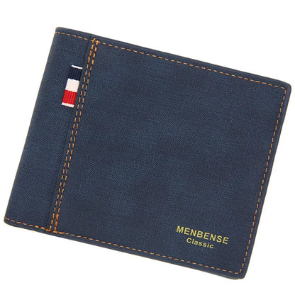 Men's retro style tri-fold leather-look wallet in black, shown open to reveal multiple card slots.