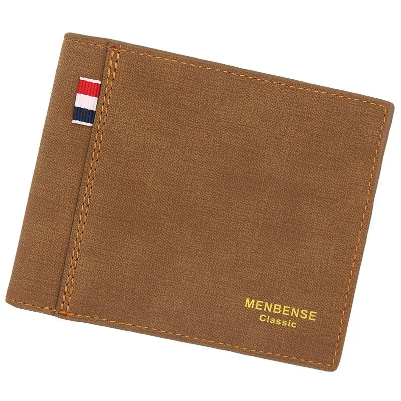 Men's retro style tri-fold leather-look wallet in black, shown open to reveal multiple card slots.