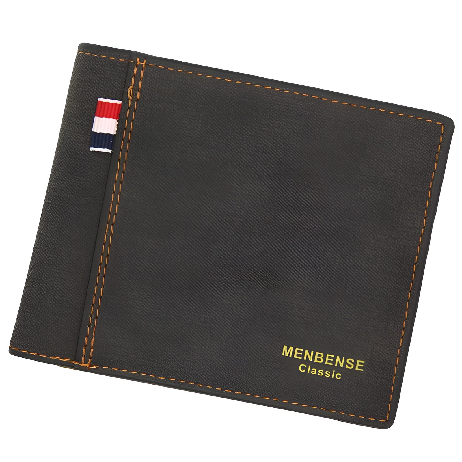 Men's retro style tri-fold leather-look wallet in black, shown open to reveal multiple card slots.