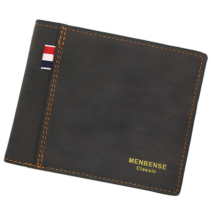 Men's retro style tri-fold leather-look wallet in black, shown open to reveal multiple card slots.