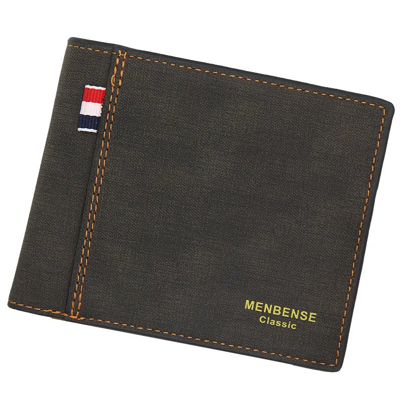 Men's retro style tri-fold leather-look wallet in black, shown open to reveal multiple card slots.