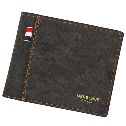 Men's retro style tri-fold leather-look wallet in black, shown open to reveal multiple card slots.