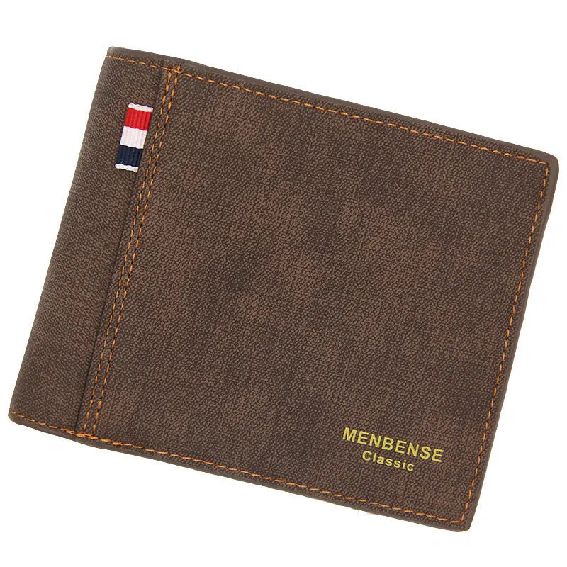 Men's retro style tri-fold leather-look wallet in black, shown open to reveal multiple card slots.