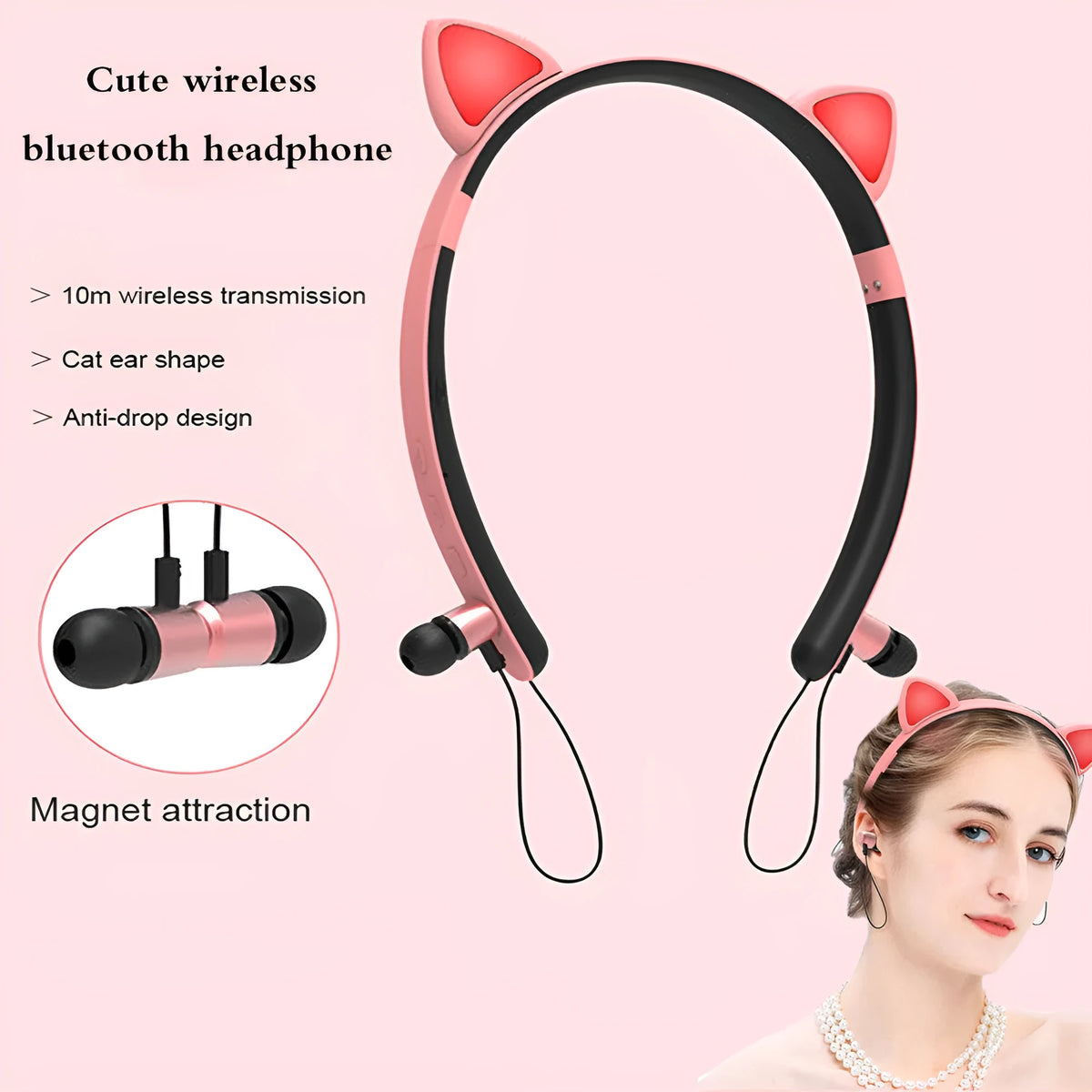 LED glowing cat ear Bluetooth headphones with microphone, detachable earmuffs, 17.5 x 2 x 20 cm headband, purple yellow blue pink