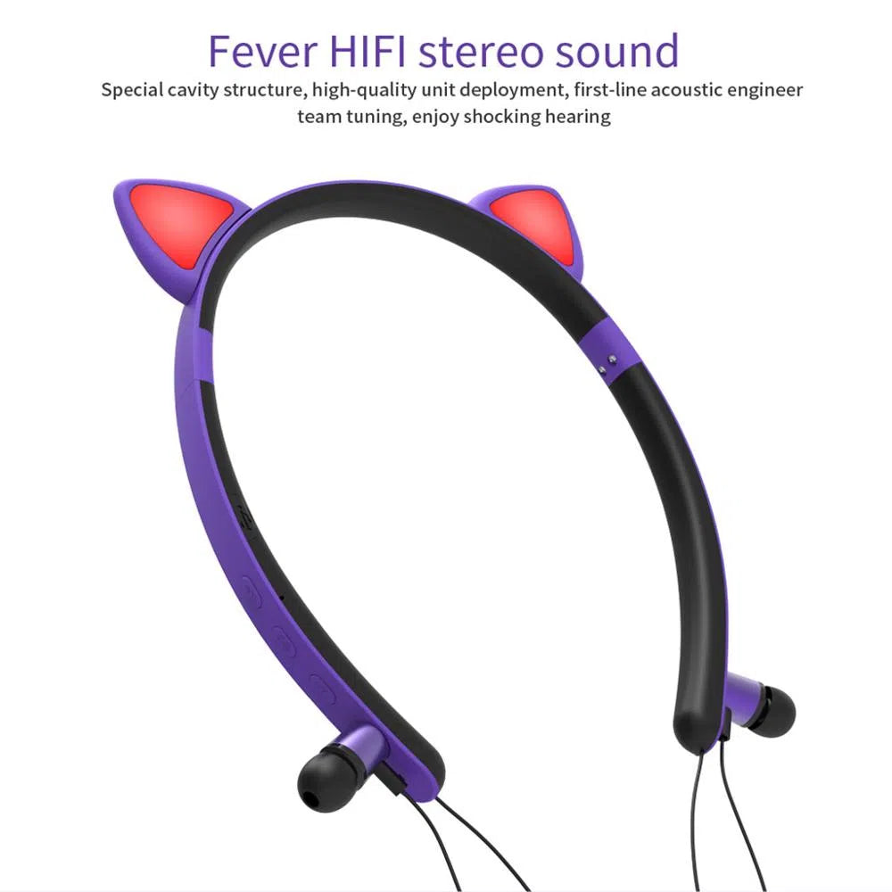 LED glowing cat ear Bluetooth headphones with microphone, detachable earmuffs, 17.5 x 2 x 20 cm headband, purple yellow blue pink
