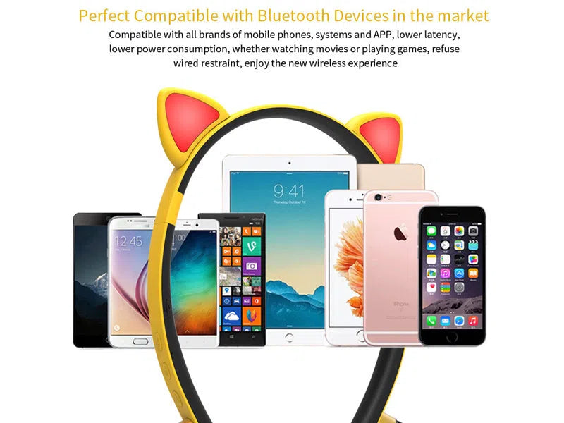 LED glowing cat ear Bluetooth headphones with microphone, detachable earmuffs, 17.5 x 2 x 20 cm headband, purple yellow blue pink