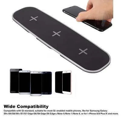 Universal 3-in-1 Qi wireless charger base charging pad device with magnetic alignment for smartphones, smartwatches, and earbuds in black or white colour options using USB power input for desktop or bedside charging stations