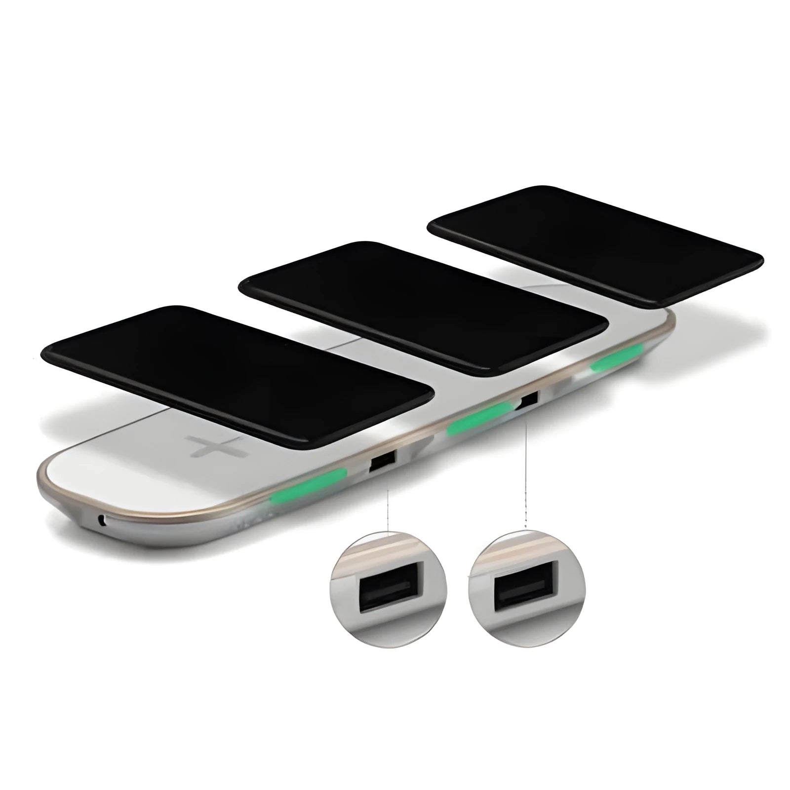Black and white 3-in-1 Qi wireless charging station for smartphones, watches, and earbuds with magnetic alignment