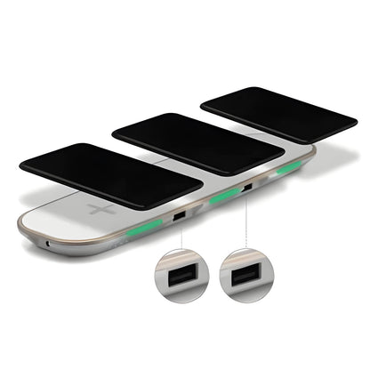 Black and white 3-in-1 Qi wireless charging station for smartphones, watches, and earbuds with magnetic alignment