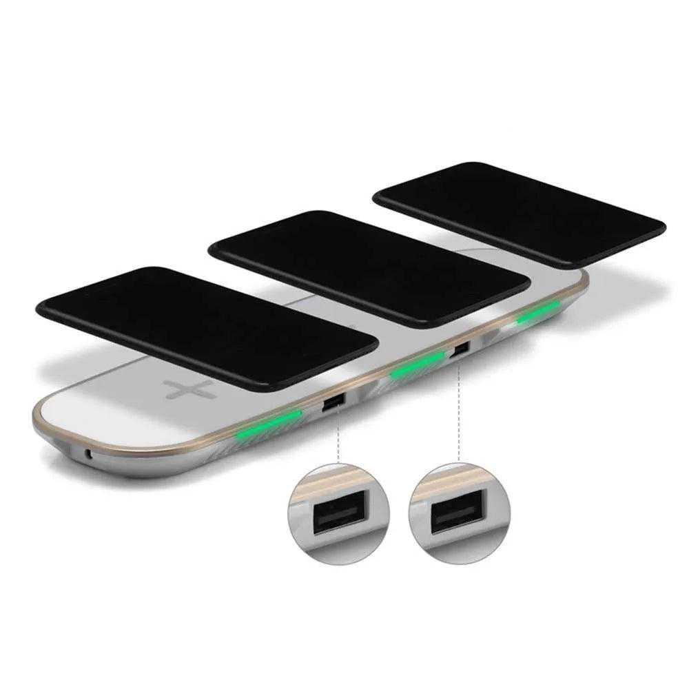 Black and white 3-in-1 Qi wireless charging station for smartphones, watches, and earbuds with magnetic alignment