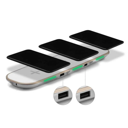 Black and white 3-in-1 Qi wireless charging station for smartphones, watches, and earbuds with magnetic alignment