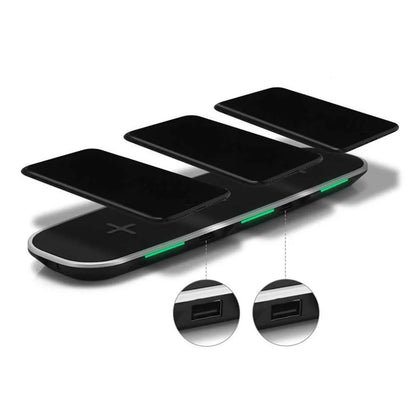 Black and white 3-in-1 Qi wireless charging station for smartphones, watches, and earbuds with magnetic alignment