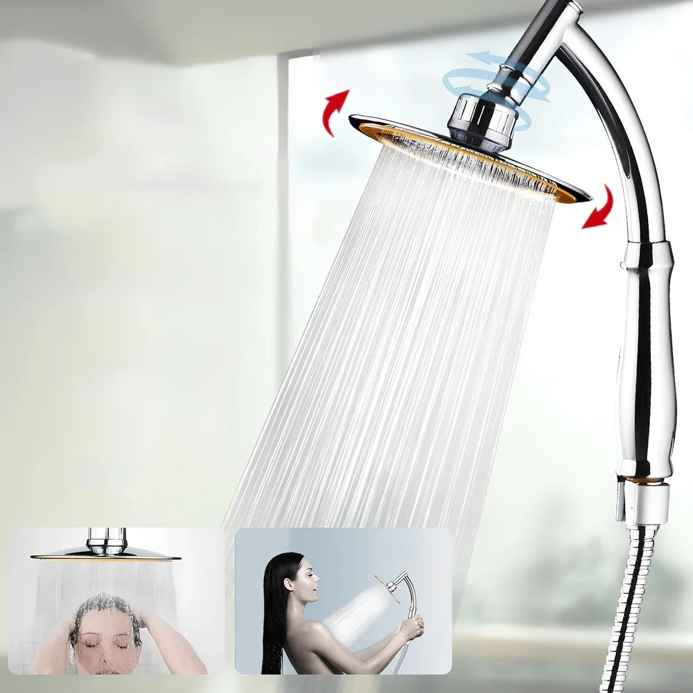 6-inch ABS pressurised shower head in silver, dual hand-held overhead mode, 150-250 grams flow for UK bathrooms