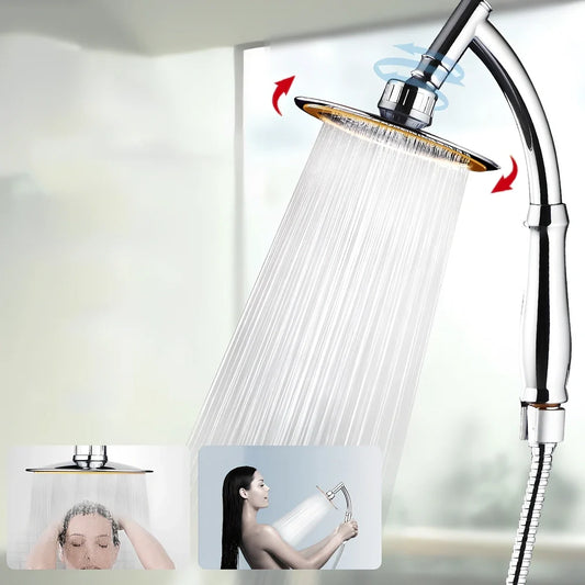 6-inch ABS pressurised shower head in silver, dual hand-held overhead mode, 150-250 grams flow for UK bathrooms