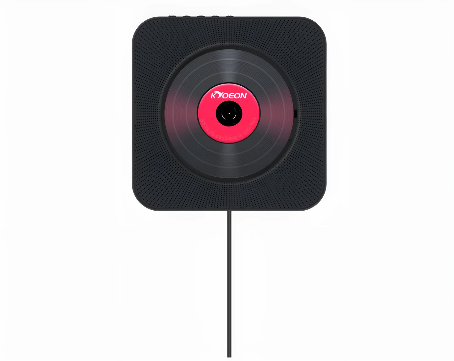 Wall-mounted tray-loading CD player in white colour with remote control on a wooden wall.