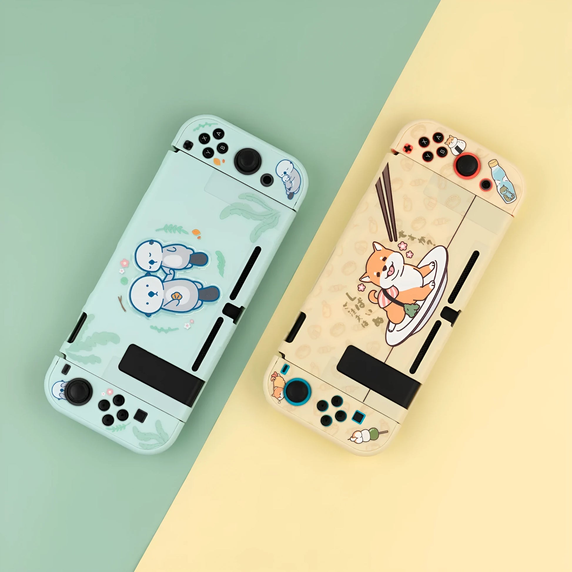 Sea Otter hard PC back cover and silicone grip case for Nintendo Switch Joy-Con controllers on a grey background.