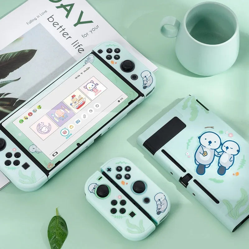 Sea Otter hard PC back cover and silicone grip case for Nintendo Switch Joy-Con controllers on a grey background.