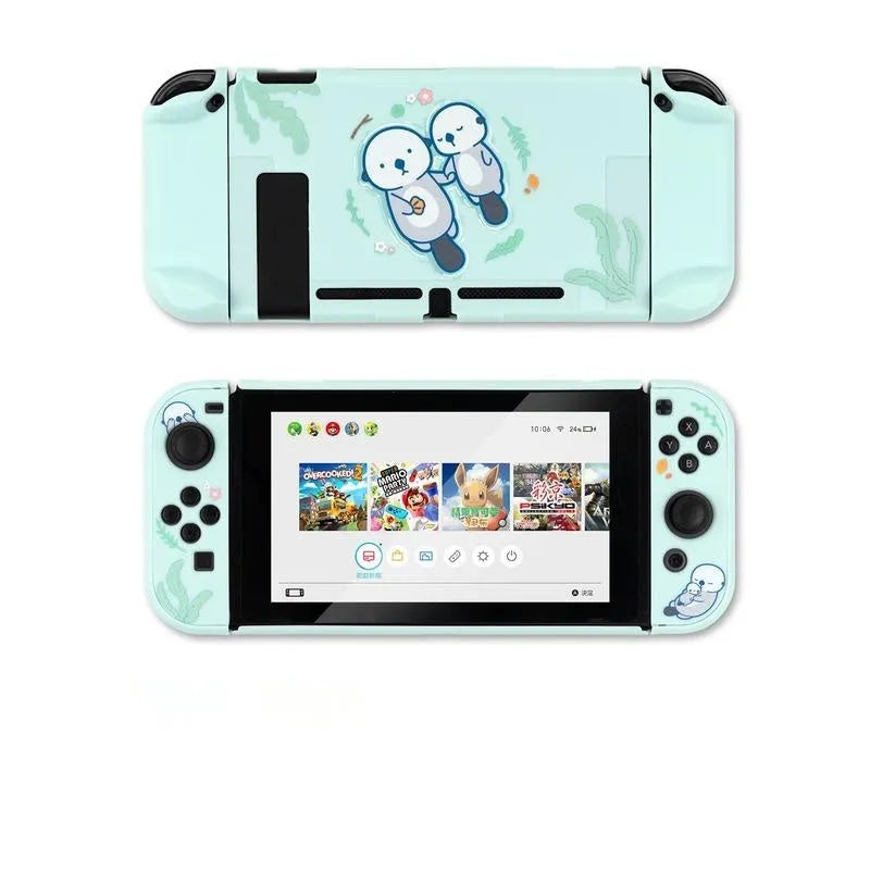 Sea Otter hard PC back cover and silicone grip case for Nintendo Switch Joy-Con controllers on a grey background.