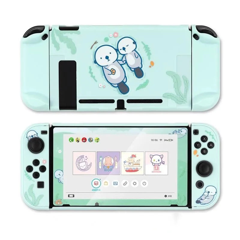 Sea Otter hard PC back cover and silicone grip case for Nintendo Switch Joy-Con controllers on a grey background.