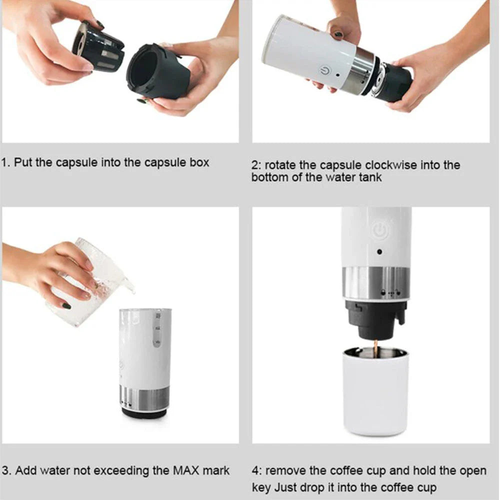 Portable espresso machine with one-touch operation, compatible with coffee capsules and ground beans, for brewing cafe-quality coffee anytime, anywhere.