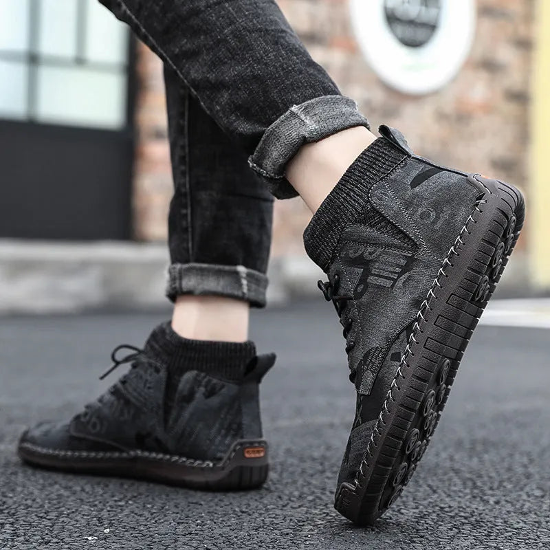 High-top canvas trainers with hand-painted pattern, rubber sole, black or khaki, sizes 39-43, winter casual shoes