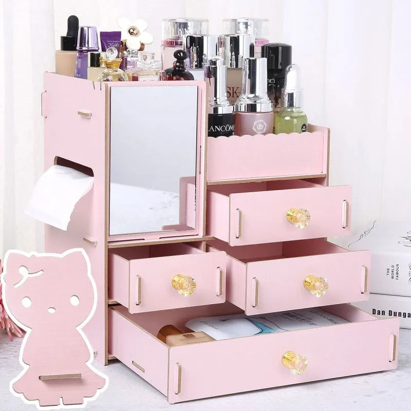 Wooden tabletop cosmetic storage box with internal compartments shown in a selection of colour options.