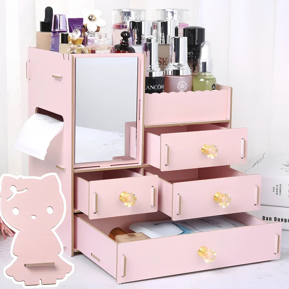 Wooden cosmetic storage box with six compartments and one drawer, cartoon pattern, 25cm wide