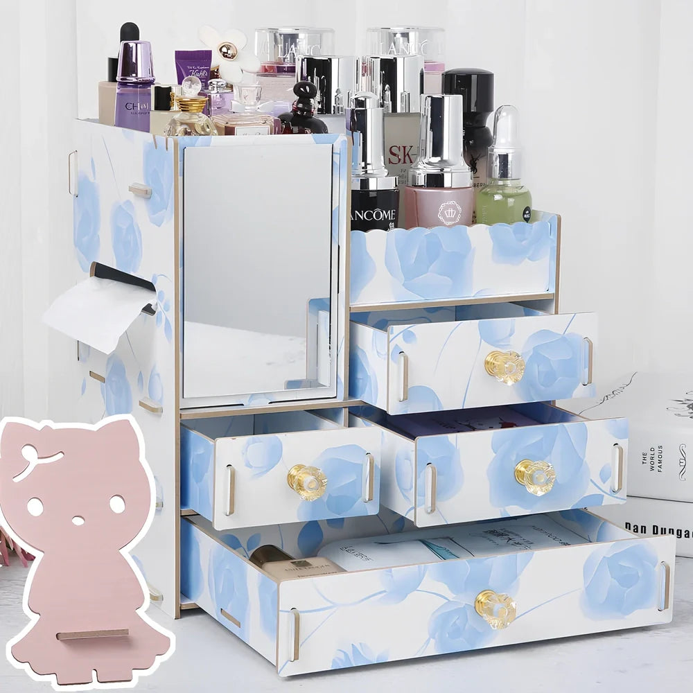 Wooden cosmetic storage box with six compartments and one drawer, cartoon pattern, 25cm wide