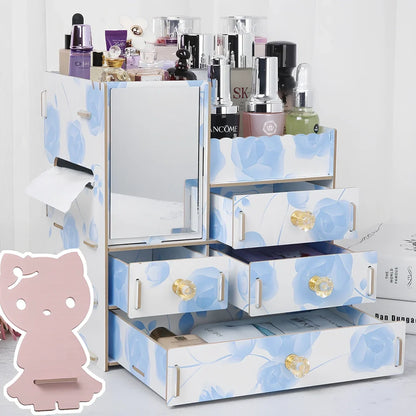 Wooden cosmetic storage box with six compartments and one drawer, cartoon pattern, 25cm wide