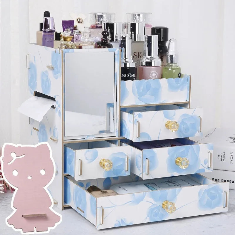 Wooden tabletop cosmetic storage box with internal compartments shown in a selection of colour options.