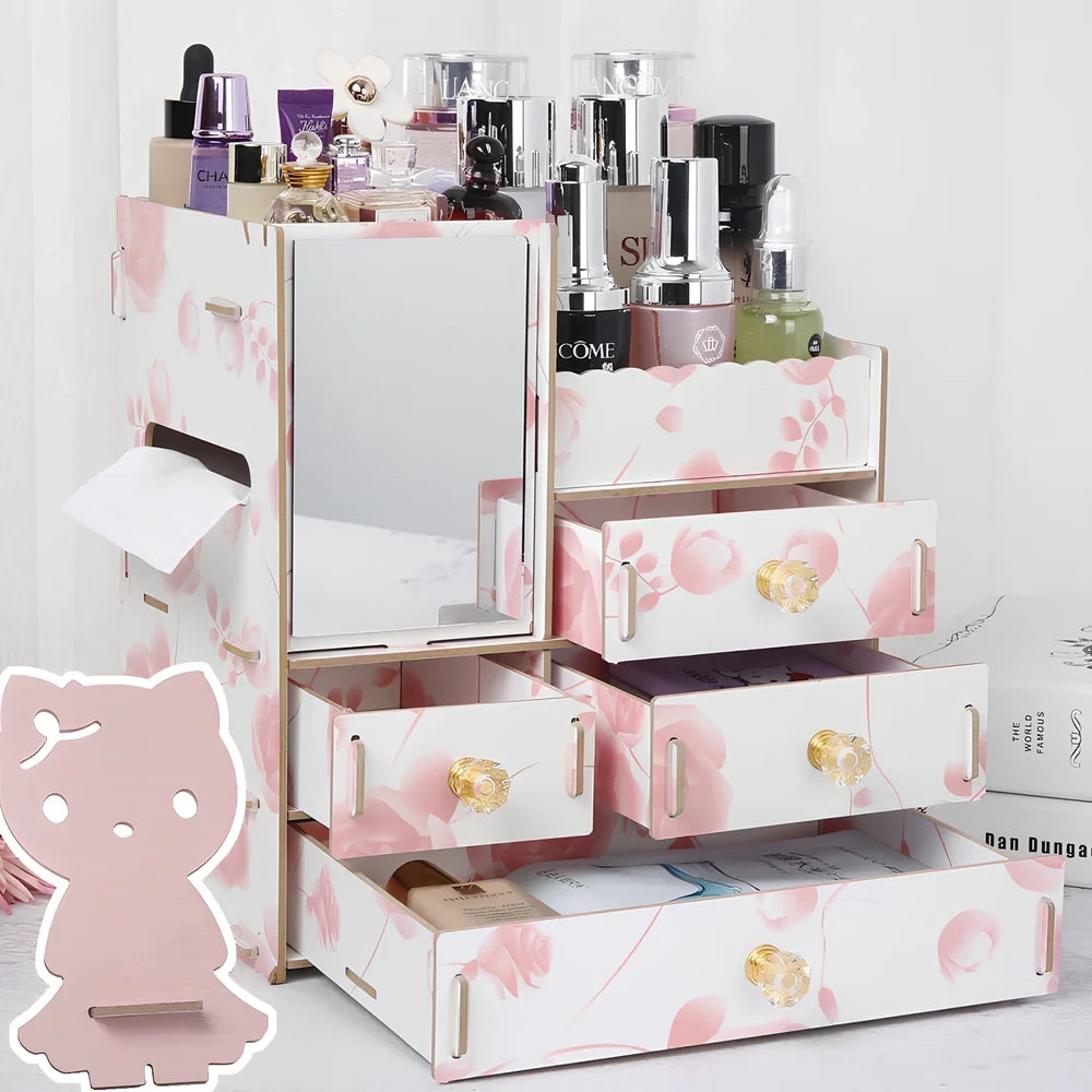 Wooden cosmetic storage box with six compartments and one drawer, cartoon pattern, 25cm wide