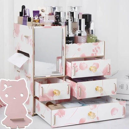 Wooden cosmetic storage box with six compartments and one drawer, cartoon pattern, 25cm wide